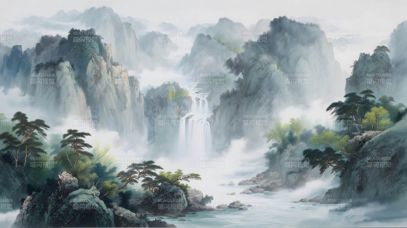 山水瀑布风景画烟雾缭绕意境深远图片