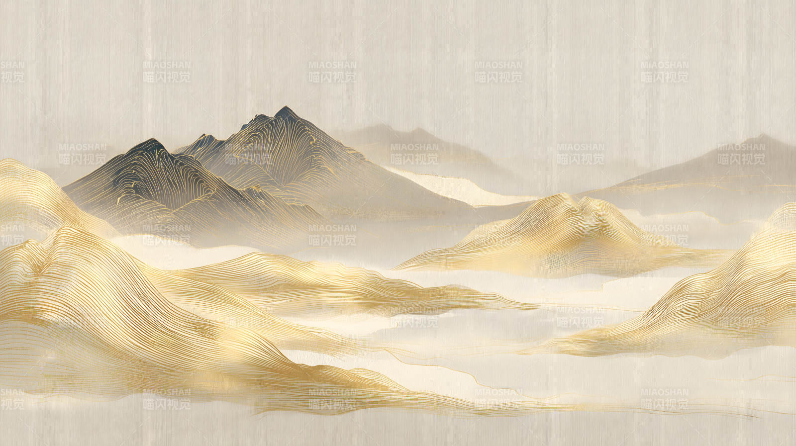 金色线条勾勒的山水画图片