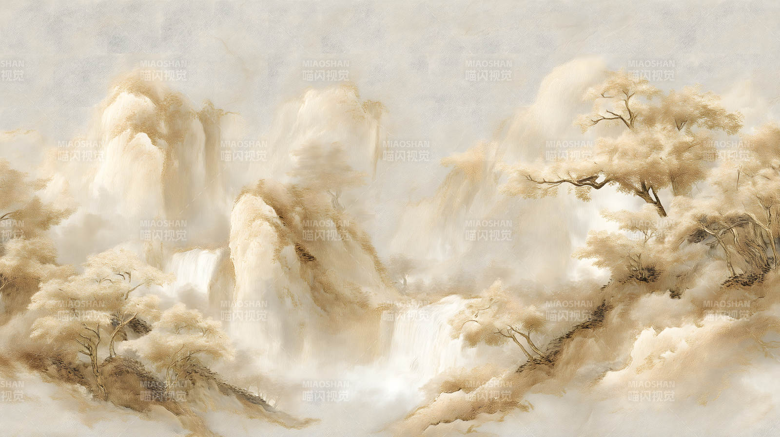 山水画瀑布云雾弥漫图片