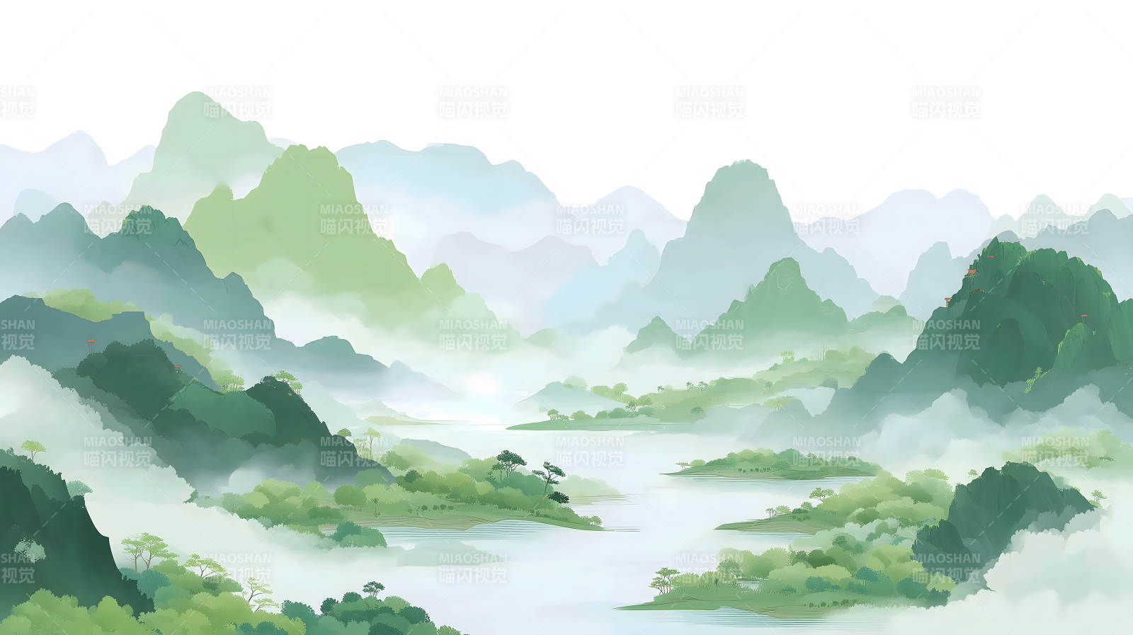 水墨山水画意境悠远云雾缭绕图片