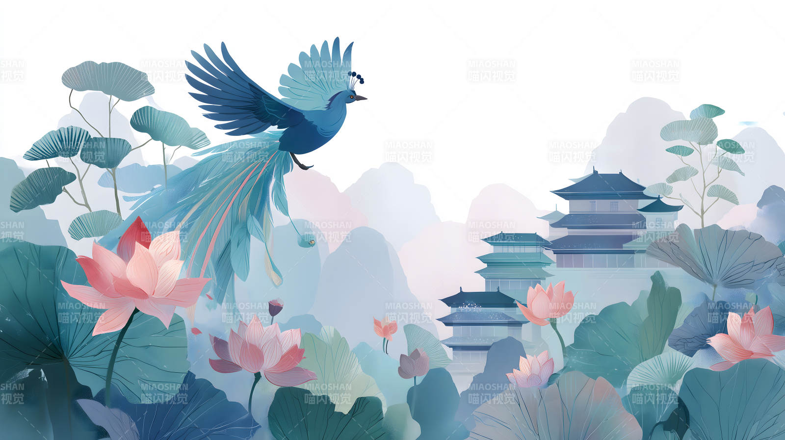 东方意境水墨画风蓝色飞鸟与荷花图片