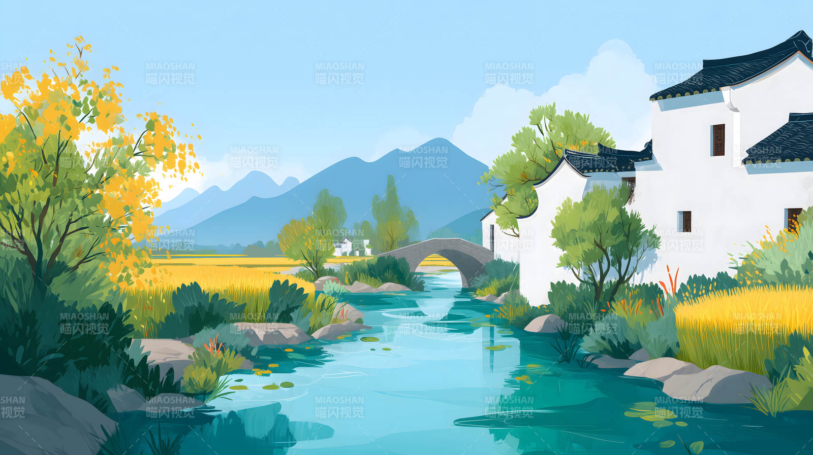 水乡风光山水画景色宜人图片