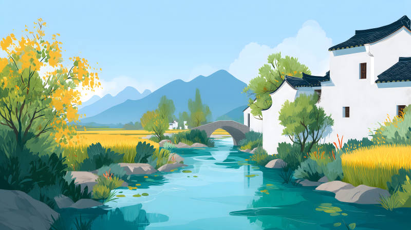 水乡风光山水画景色宜人图片