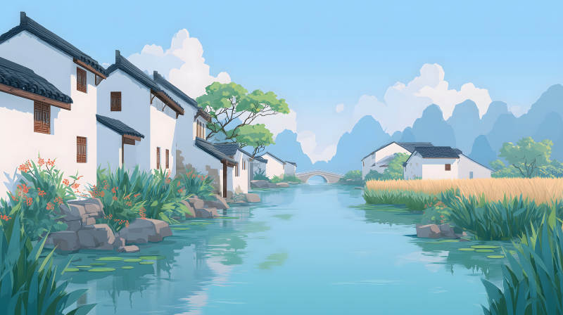 江南水乡风景画宁静悠远图片