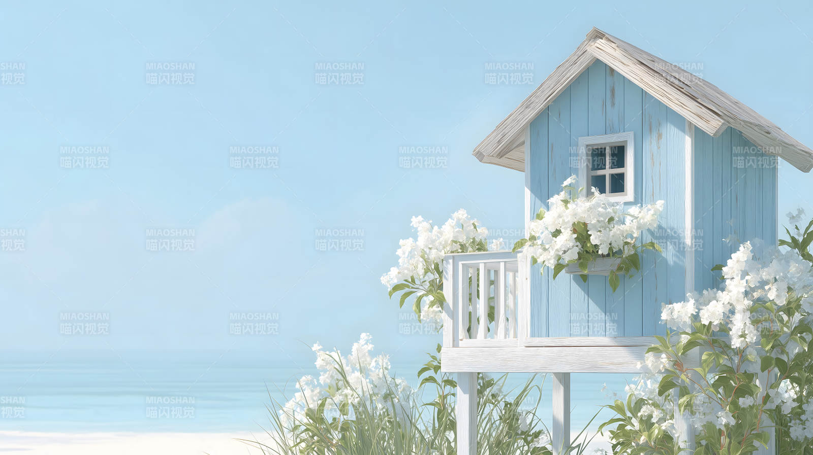 海边小屋与鲜花图片