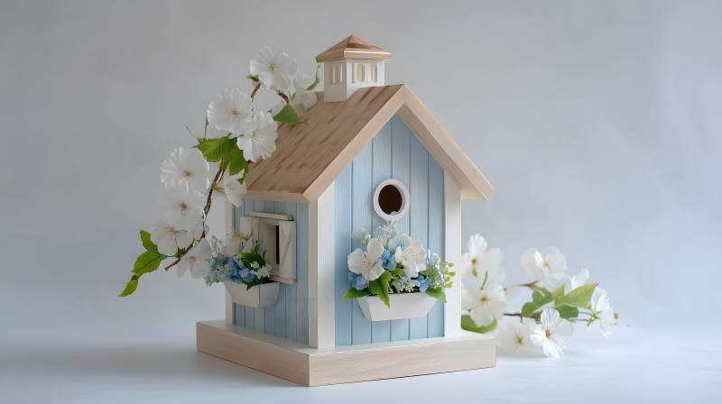 鸟舍与鲜花装饰的静物图图片