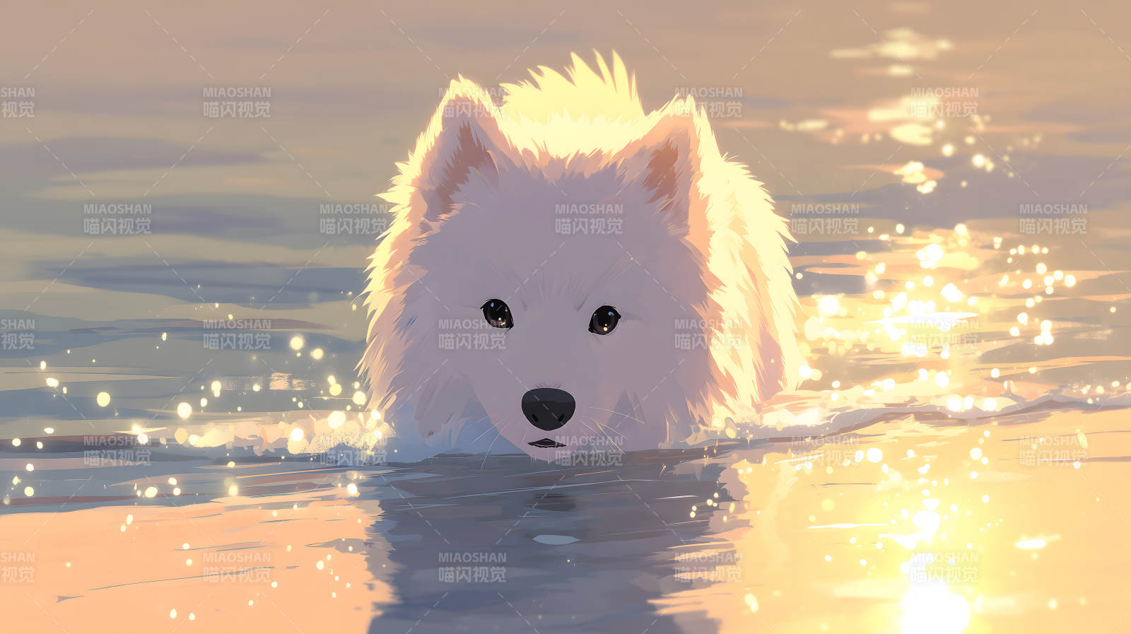 可爱的白色狗狗在水中嬉戏阳光洒在水面上图片