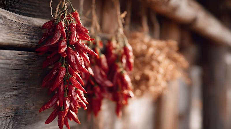 红辣椒挂在木头上阳光照耀着图片