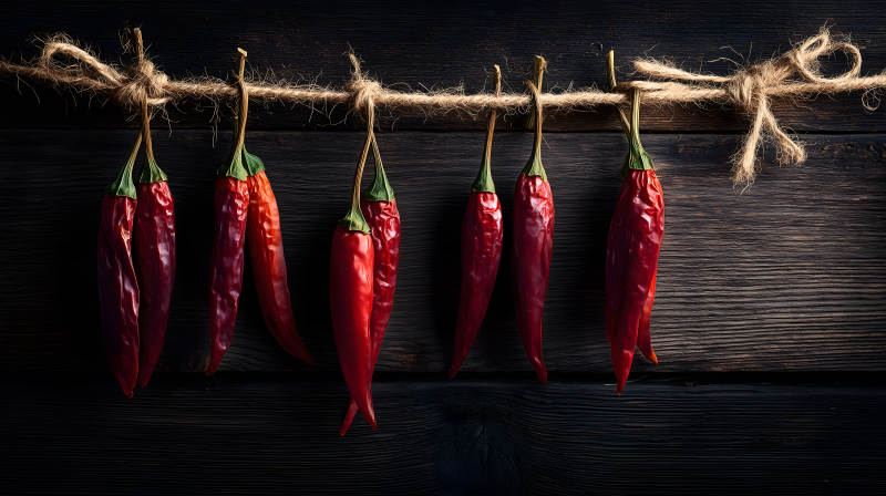红辣椒晾晒木板背景图片