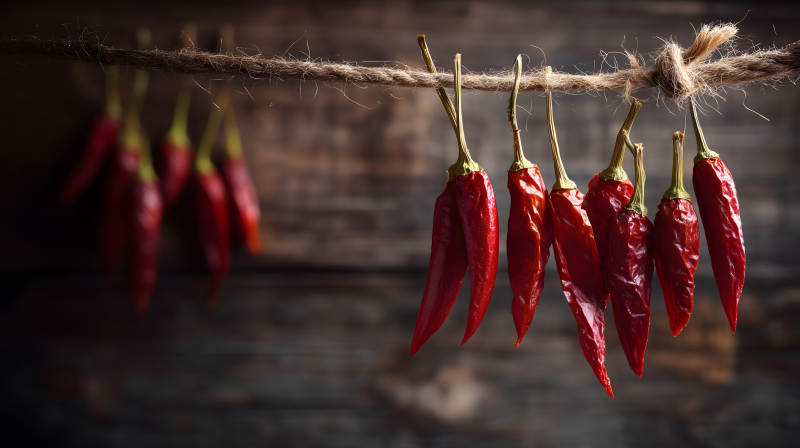 红辣椒晾晒木质背景图片