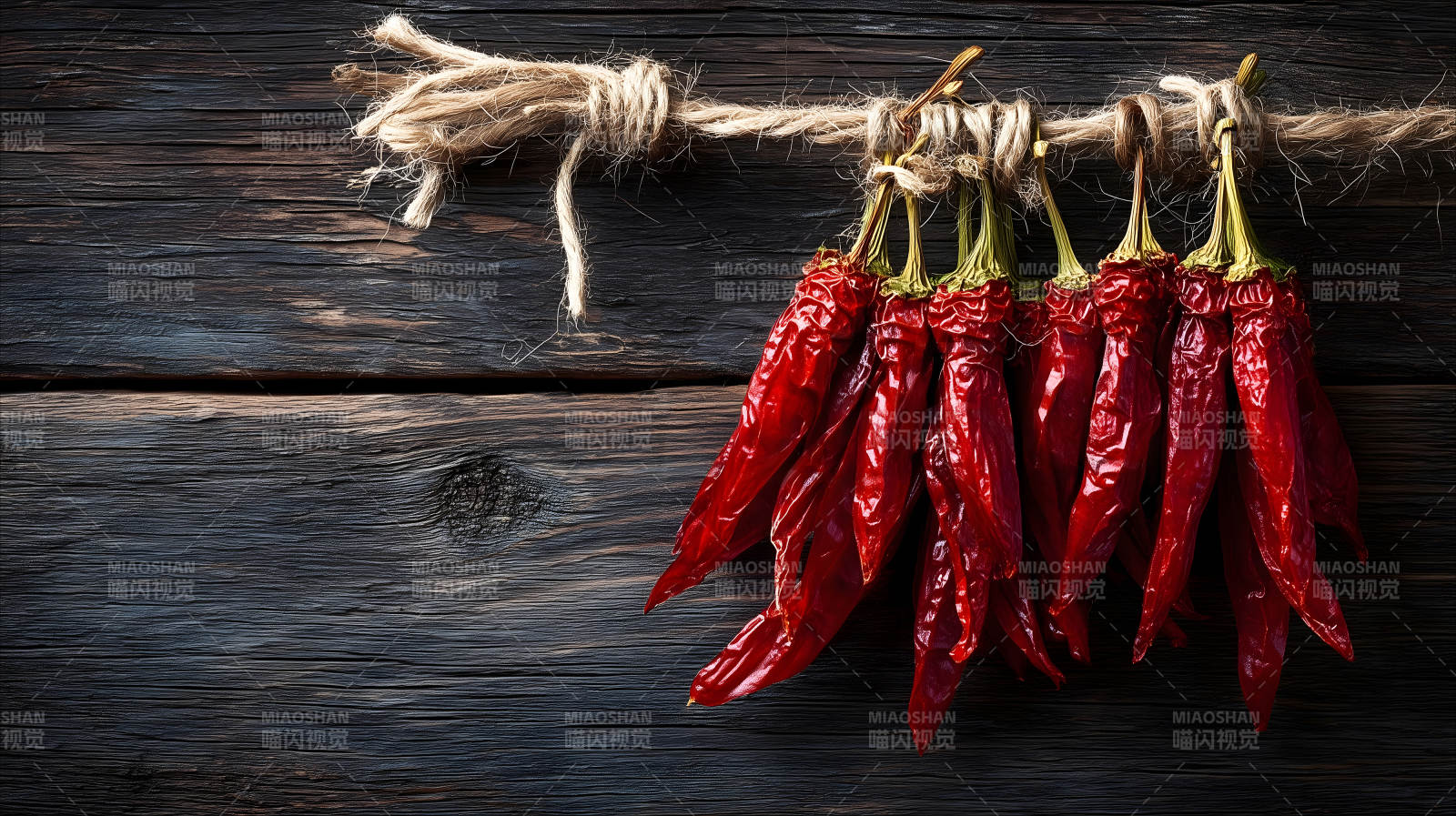 红辣椒挂着木板背景图片