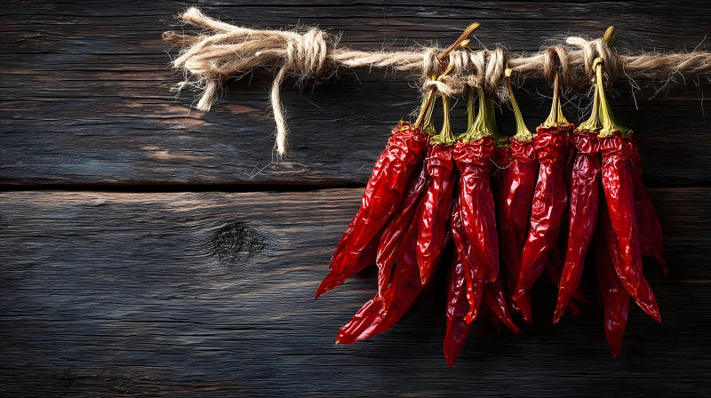 红辣椒挂着木板背景图片