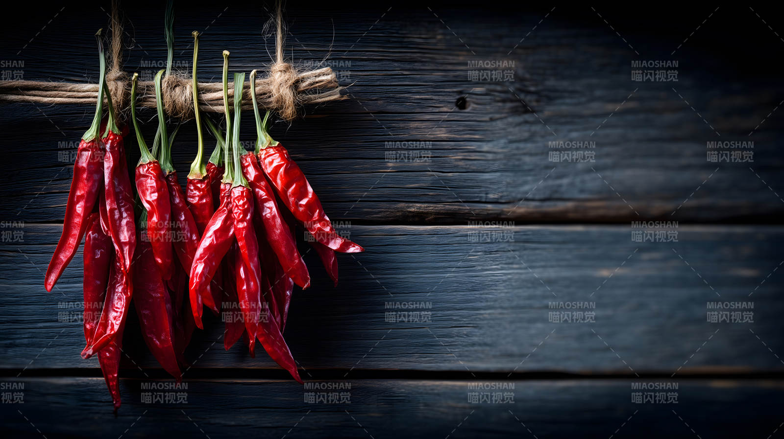红辣椒串挂在木板上色彩鲜艳图片