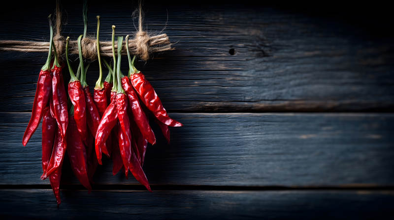 红辣椒串挂在木板上色彩鲜艳图片