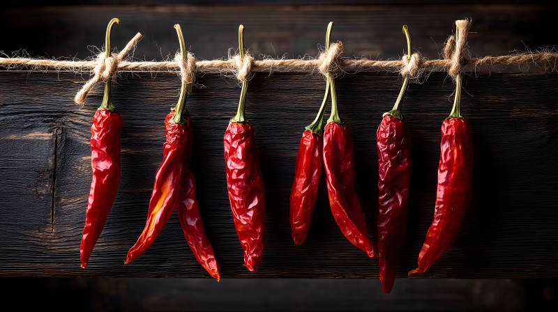 红辣椒悬挂在木板上图片