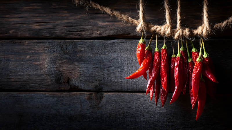 辣椒串悬挂在木板上图片