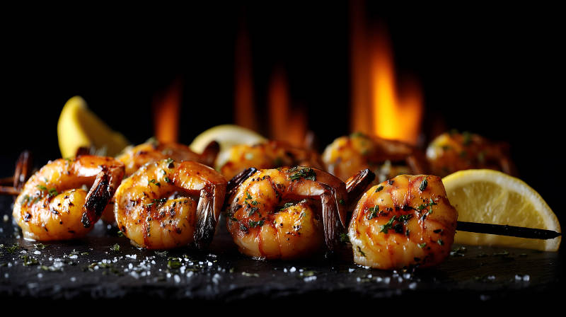 烤虾串配柠檬特写美食摄影图片