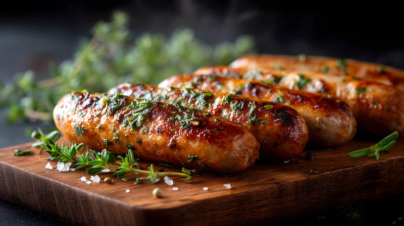 烤香肠配香料和盐图片