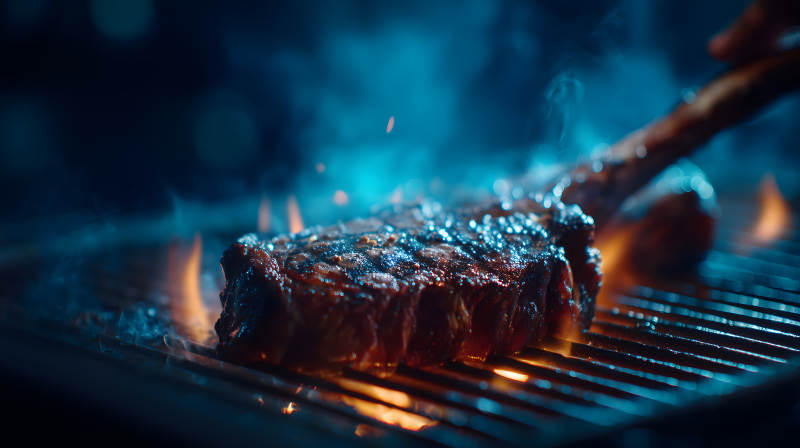 烤架上的牛排冒着热气图片