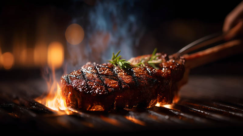 烤制牛排火焰四溢香味扑鼻图片