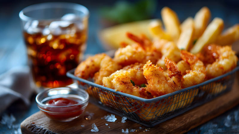 炸虾配薯条和饮料图片