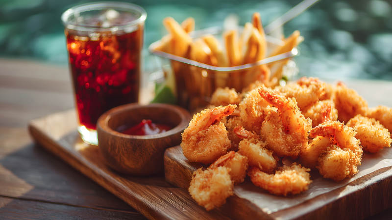 炸虾薯条和饮料的美味组合图片