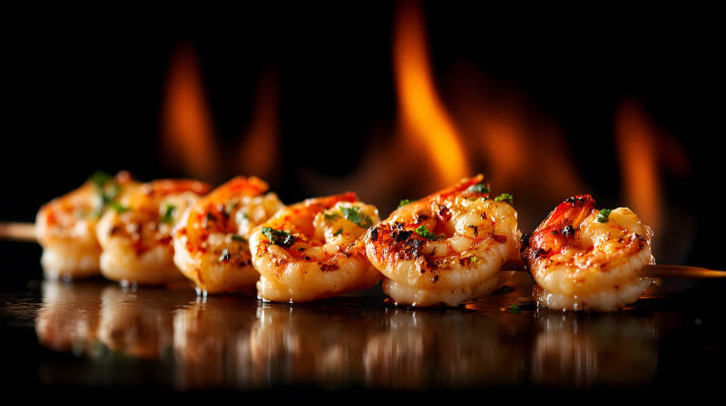 烤虾串在火焰背景下的特写图片