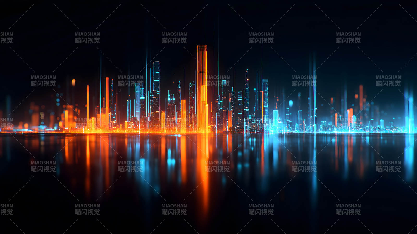 霓虹城市夜景倒影图片