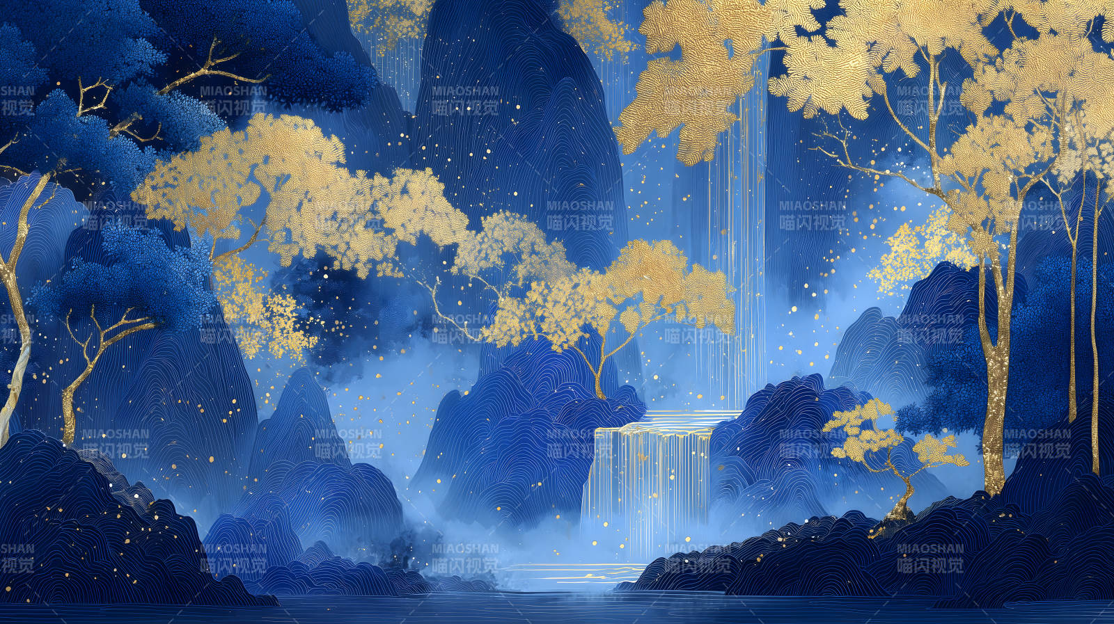 蓝金色山水风景画图片