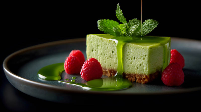 抹茶蛋糕搭配覆盆子图片