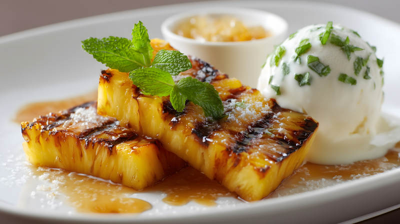 烤菠萝配冰淇淋与薄荷叶图片