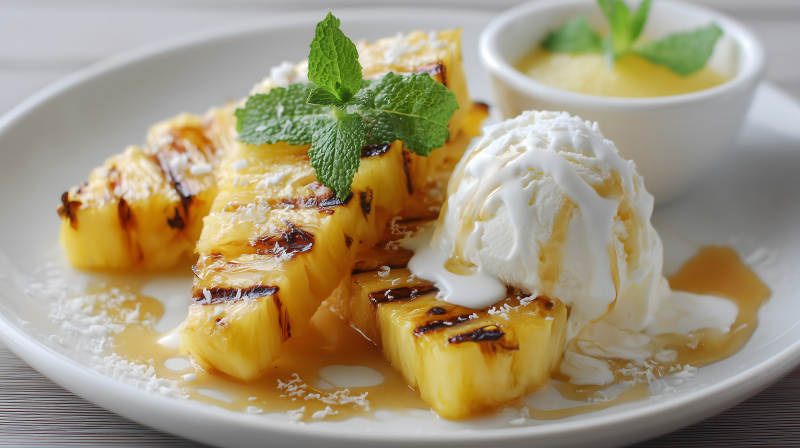 烤菠萝配冰淇淋甜品图片