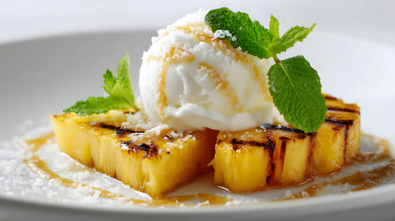 烤菠萝配冰淇淋薄荷叶点缀图片