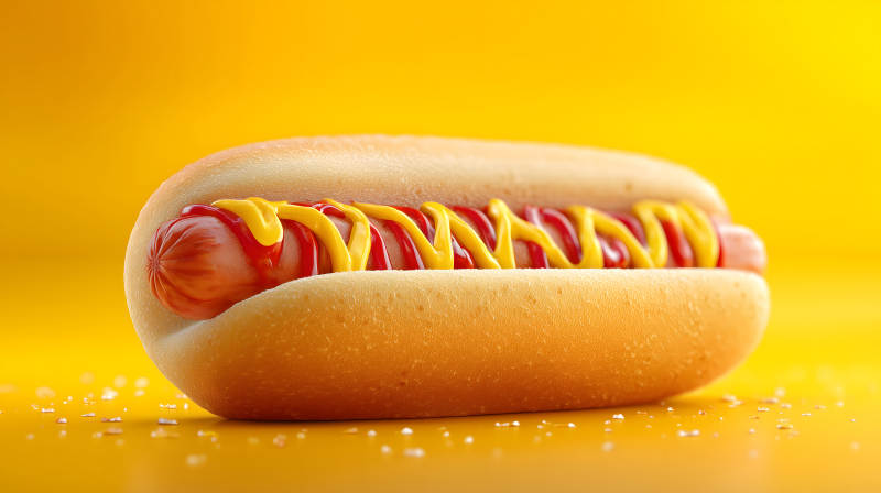 热狗特写黄色背景图片