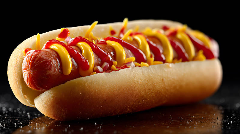 美味热狗特写镜头酱料丰富图片
