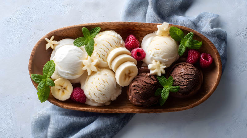 冰淇淋拼盘配水果和薄荷叶图片