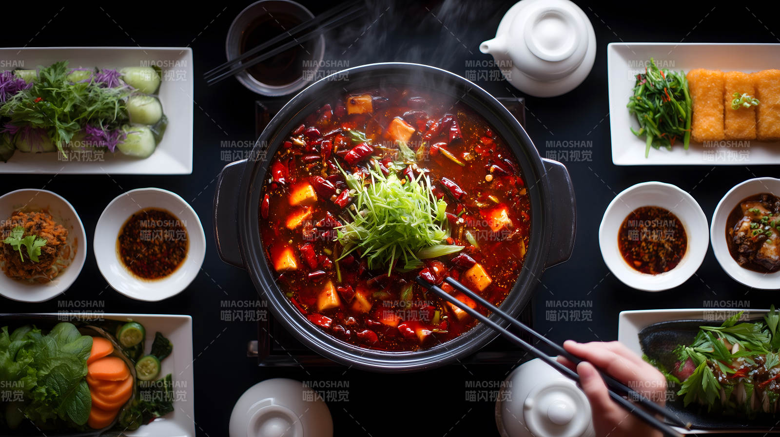 热气腾腾的麻辣火锅配菜肴图片