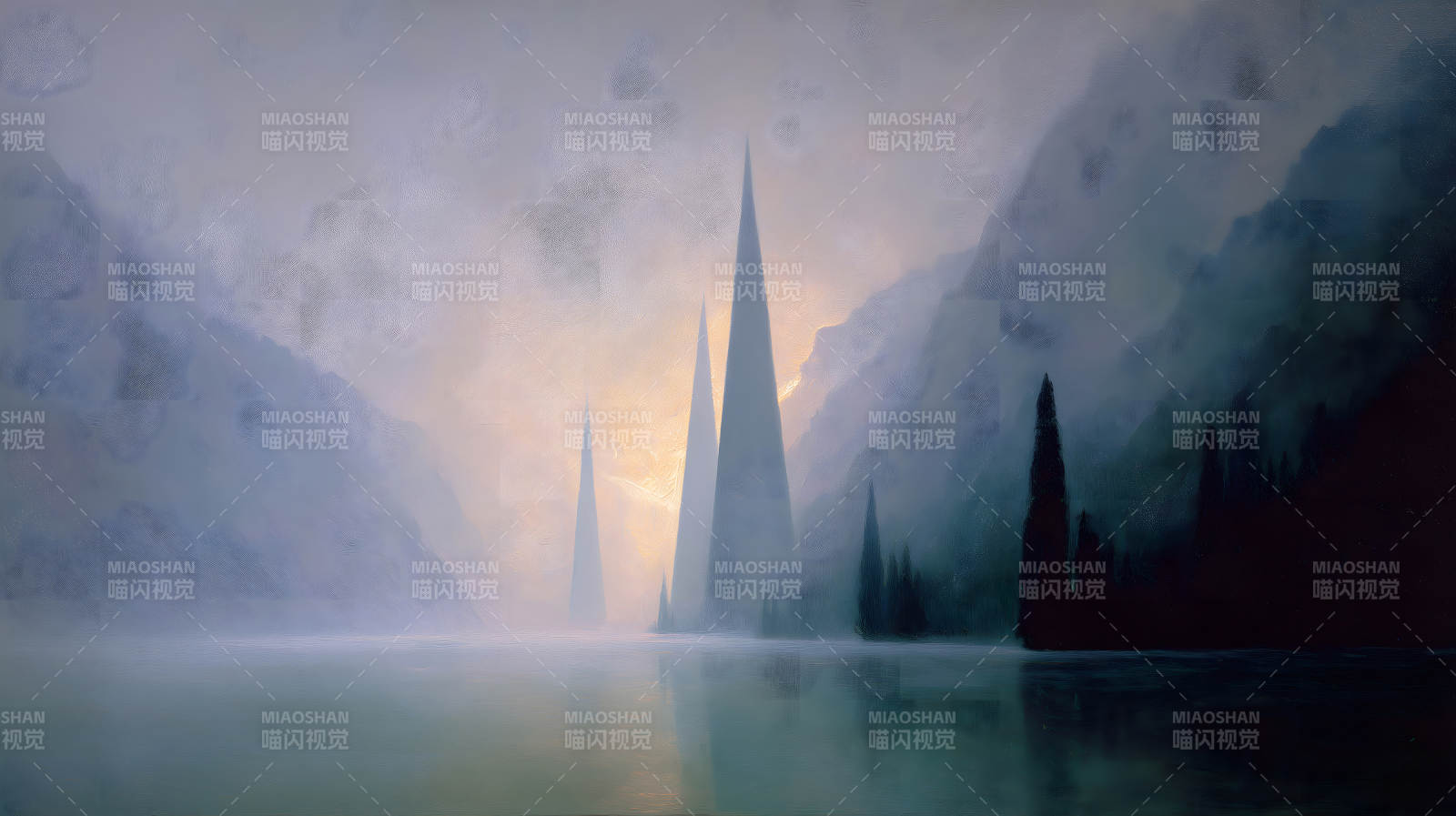 山水之间尖塔耸立云雾缭绕图片