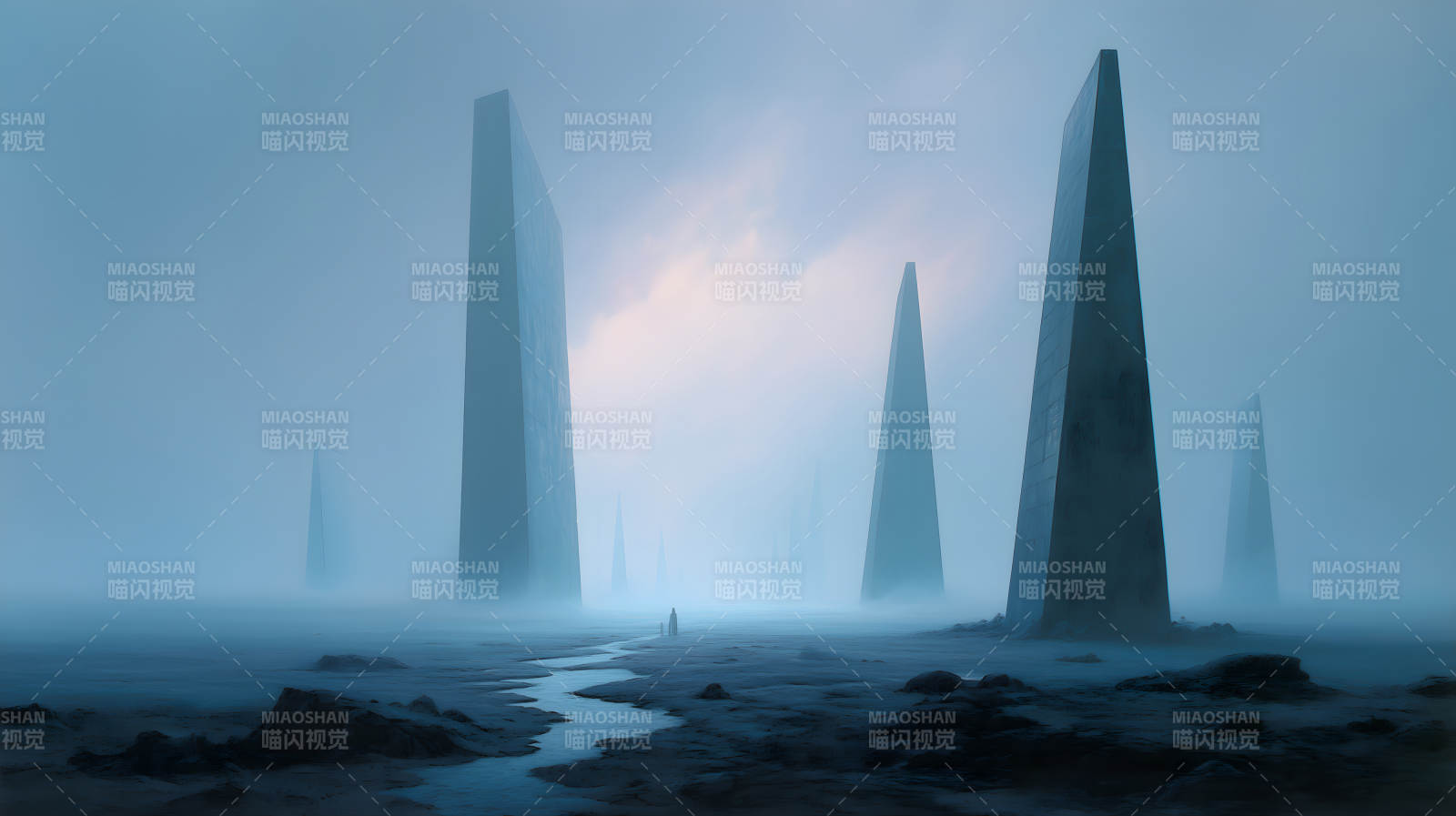 巨石林立中的孤独旅人图片