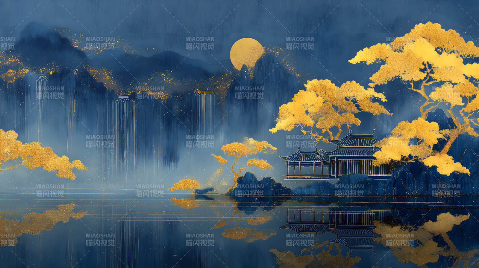 山水楼阁映月夜色下的东方韵味图片