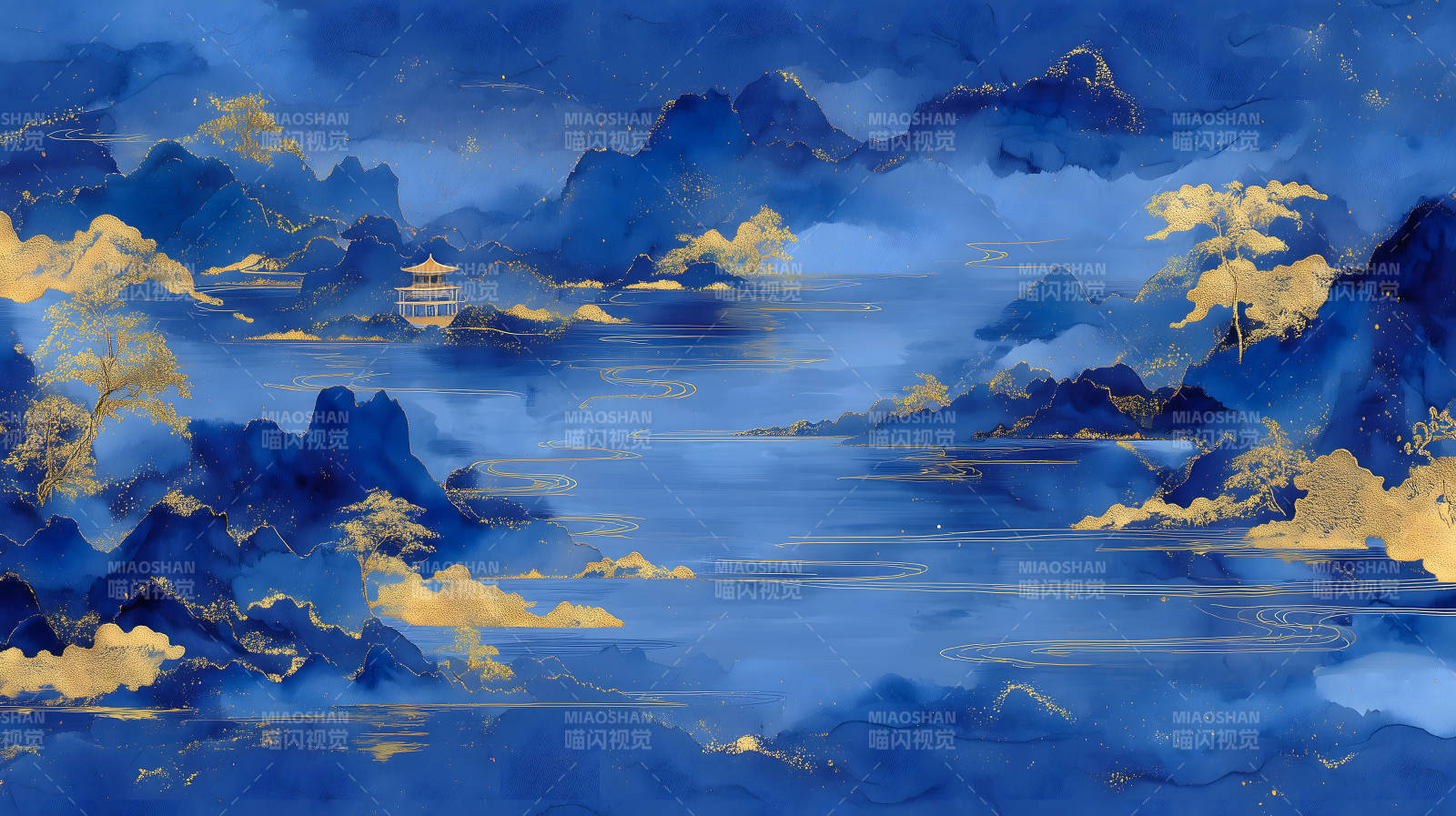 水墨山水金碧辉煌意境图片