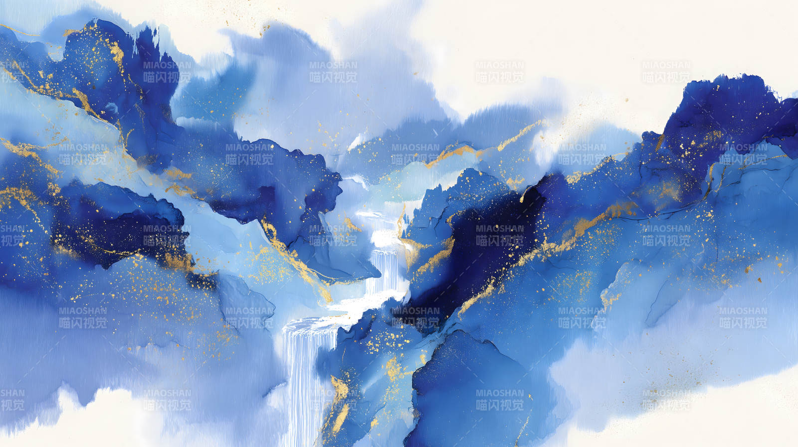 蓝调山水金色点缀抽象艺术图片