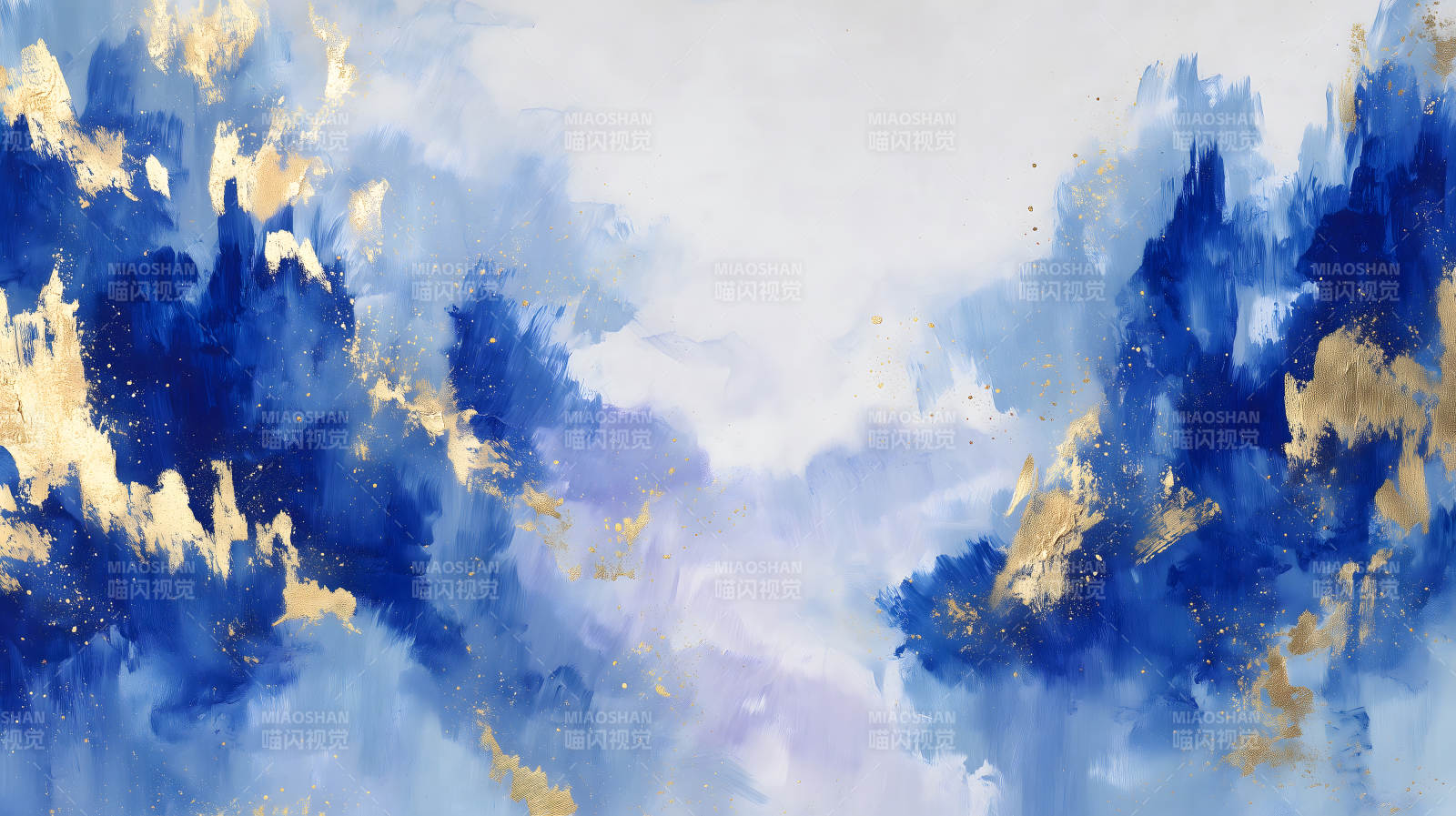 蓝色抽象画金箔点缀光影交织图片