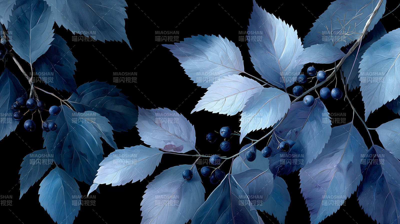 蓝色植物叶子与果实黑夜背景图片