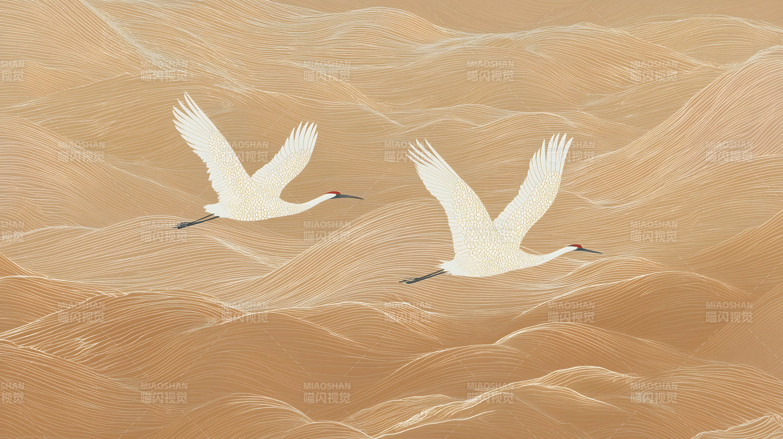 两只鹤翱翔在沙丘之上图片