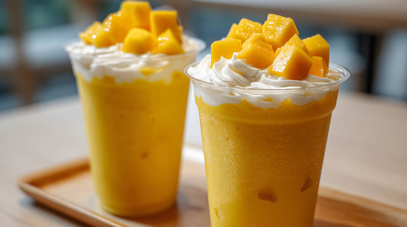 芒果冰沙搭配奶油和芒果块图片