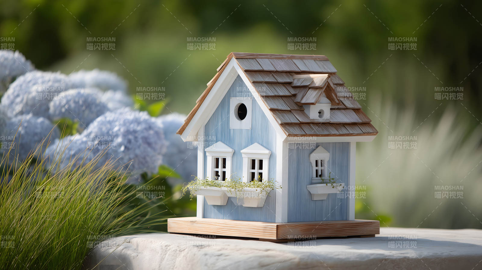 蓝色的鸟屋花园背景图片