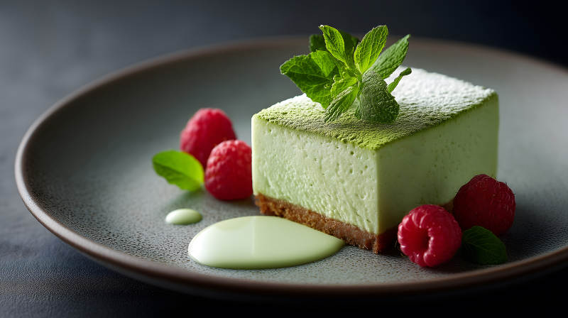 抹茶芝士蛋糕配覆盆子和薄荷图片