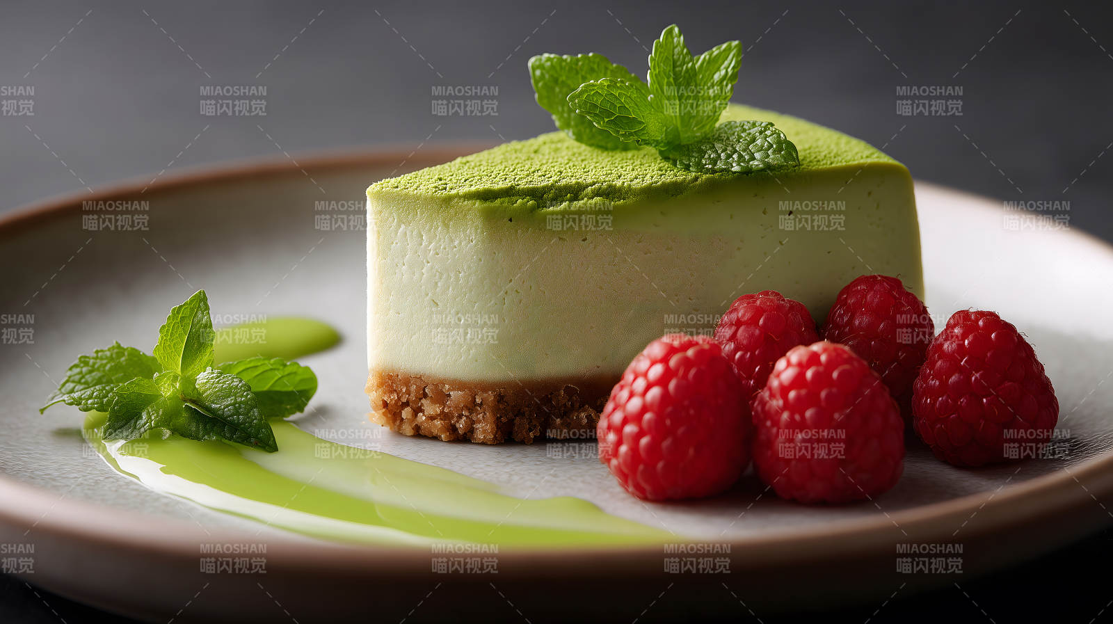 抹茶芝士蛋糕与覆盆子图片