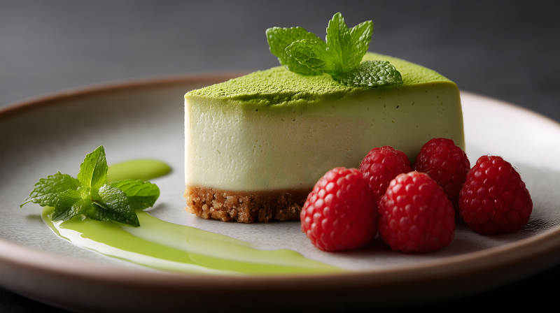抹茶芝士蛋糕与覆盆子图片